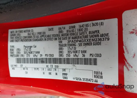 2014 Ford Fiesta St z USA, uszkodzony, nr VIN 3FADP4GXXEM236379